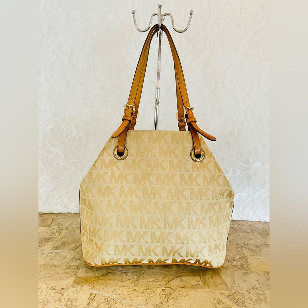 Michael Kors tan canvas tote shoulder bag leather trim